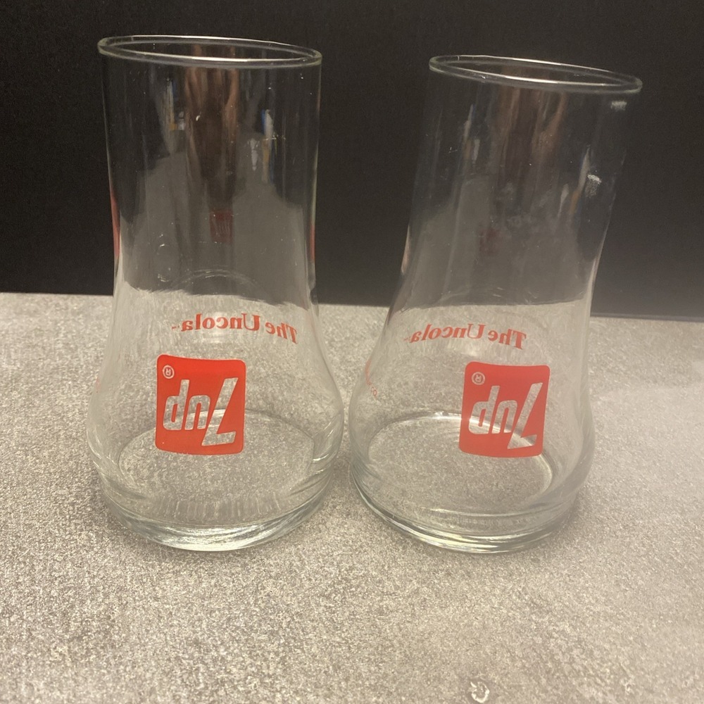 2 Vintage  5 3/4 " Tall  " 7up The Uncola"  Upside Down Glasses 1970s